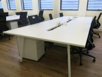 6 Position White Melamine Pod Desk with Power Units. Size W140 x D75cm.