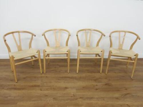 4 x Bentwood & Woven Seat Chairs in Hans Wegner Wishbone Style.