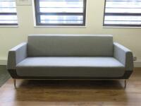 3 Seater Reception Sofa in Light Grey Material with Dark Grey Faux Leather Detail on Chrome Frame & Legs. Size H78 x W198 x D83cm.