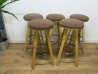 5 x Wooden Stools with Brown Padded Seat & Footrest. Size H78cm.