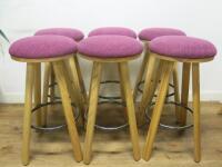 6 x Wooden Stools with Purple Padded Seat & Footrest. Size H78cm.