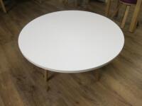 Round White Melamine Low Coffee/Side Table with Wooden Effect Legs. Size H45 x Dia 100cm.